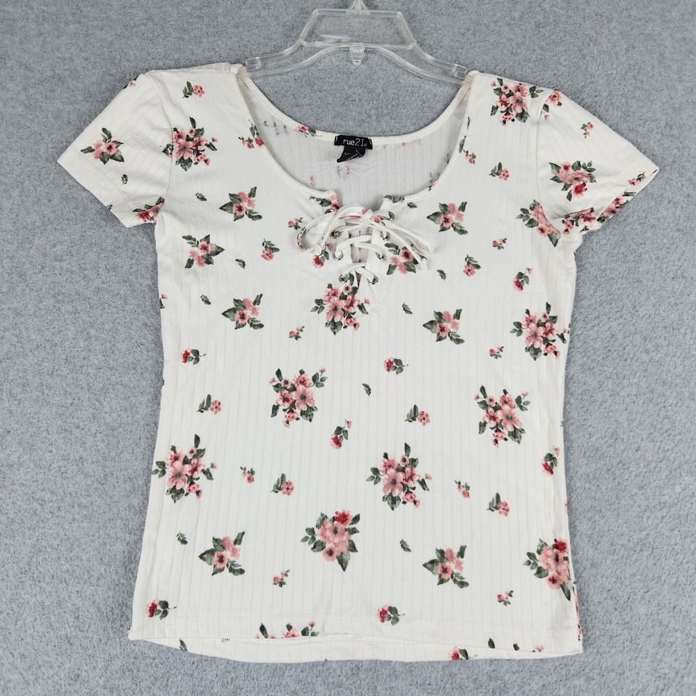 rue21 Top Women Large White Floral Ribbed Knit Fitted Short Sleeve Lace Up Front
